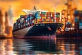 Lego toy constructor container ship, selective focus. Generative AI