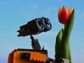 LEGO Wall-E robot figure from Pixar animated movie holding spring orange to yellow tulip flower, blue skies in background