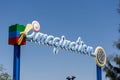 Legoland Dubai Imagination sign for children entrance sign with a blue sky background. Luxury travel resort destination