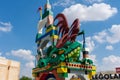 Legoland Dubai Theme Park Resort for children Lego Dragon entrance with a blue sky background and fireman statue. Luxury travel