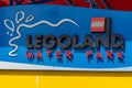 Legoland Dubai Water Park Theme Park Resort for children entrance sign with a blue background. Luxury travel resort destination