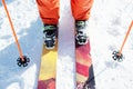 Legs athlete skier in an orange overall on a sport skiing on snow on a sunny day. The concept of winter sports Royalty Free Stock Photo