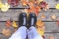 Legs on a background of autumn leaves. Women's feet in leather boots against the background of fallen yellow foliage in Royalty Free Stock Photo