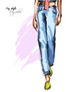 Legs of a beautiful young woman in blue denim pants. Hand drawn fashion girl. Fashion model posing. Sketch.