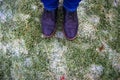 Legs in boots against the background of frozen lawn covered with ice with green grass. Winter weather surprises Royalty Free Stock Photo