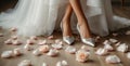 Legs of the bride in beautiful shoes, dress, flower petals formal formal