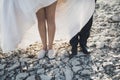 Legs of the bride and groom standing on gray small stones Royalty Free Stock Photo