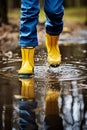 child\'s feet running through puddles