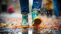 legs of child in blue rubber boots jumping in autumn puddles
