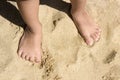 Legs of children stand on the beach with copy space Royalty Free Stock Photo