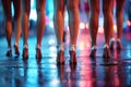 legs of crowd of woman prostitute girls in high heels at night on the street