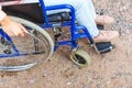 Legs feet handicap woman in wheelchair wheel on road in hospital park waiting for patient services. Unrecognizable paralyzed girl Royalty Free Stock Photo