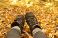 Hiking Boots in Golden Fall Leaves Royalty Free Stock Photo