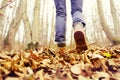 Legs of a girl in brown leather shoes go up the hill through autumn foliage Royalty Free Stock Photo