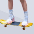 Legs of a girl riding a skateboard in pink shoes with fur. Vector fashion illustration Royalty Free Stock Photo