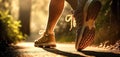 legs of a girl in sports sneakers running along a path in park in morning closeup. Generative AI Royalty Free Stock Photo