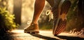 legs of a girl in sports sneakers running along a path in park in morning closeup. Generative AI