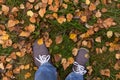 Legs in sport shoes standing on yellow brown autumn dry leaves in grass. Fall leaves background Royalty Free Stock Photo