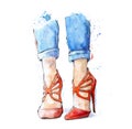 Legs in jeans and red high heel shoes Royalty Free Stock Photo