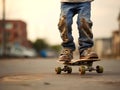 legs of kid boy practicing riding skateboard in the city, a child wear old messy jeans standing on a skateboard in the park.