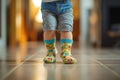 Legs of little baby in colorful socks learning to walk at home, closeup Royalty Free Stock Photo