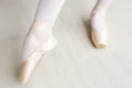 Legs of little balerina wearing pail pink pointe shoes with ribbons Royalty Free Stock Photo