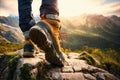 The legs of a man traveler going in hiking sneakers shoes for cross-country travel Royalty Free Stock Photo