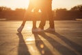 Legs of man and woman. Loving couple embracing at sunset