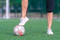 Legs of a muscular young woman with foot on a ball Royalty Free Stock Photo