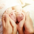 Legs newborn baby hands hug mom and dad, forming a heart. Symbolizes love, unity, caring, tender to the baby