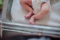 Legs of a newborn baby lying in a couveuse. The child has just been born and is in the hospital clinic with his mother. Natural Royalty Free Stock Photo