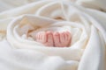 Legs of a newborn baby in peels of skin wrapped in white cloth, tiny cute toes