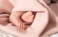 The legs of a newborn baby are wrapped in soft pink blanket. Selective soft focus, close-up Royalty Free Stock Photo