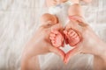 Legs of a newborn in hands closeup. Baby`s feet and copy space. Infant care and colic. Royalty Free Stock Photo