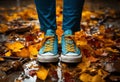Legs in old sneakers standing on ground with carpet of yellow leaves in fall. Autumn season concept Royalty Free Stock Photo
