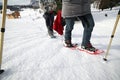 Legs of People while snowshoeing in the mountains Royalty Free Stock Photo