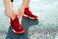 Legs in red sneakers Royalty Free Stock Photo