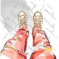 Legs with redjeans in gumshoes. Vector illustration. EPS