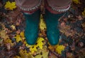 legs in rubber boots on fallen yellow and red leaves in autumn Royalty Free Stock Photo