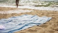 Legs on the sea sand and wave, Relaxation on the ocean beach, Summer holidays.