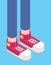 Legs in sneakers isometric. Sports shoes and jeans. Vector illus