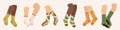 Legs in socks. Cartoon feet wearing cotton wool stockings, man and woman feet in hosiery, fashion concept. Vector set Royalty Free Stock Photo