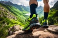 The legs in socks of a man traveler going in hiking green sneakers shoes for cross-country travel Royalty Free Stock Photo