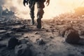 legs of Special Forces Military soldier in battlefield , AI Generated Royalty Free Stock Photo