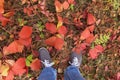 Legs in sport shoes standing on red autumn leaves in grass. Feet shoes walking in fall nature Royalty Free Stock Photo