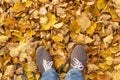 Legs in sport shoes standing on yellow autumn dry leaves. Feet in shoes walking in fall nature Royalty Free Stock Photo