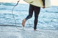 Legs, surfboard man at beach and ocean waves for fitness, adventure and healthy lifestyle on Bali summer tropical Royalty Free Stock Photo