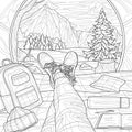 Legs and tent. Camping. Landscape with mountains.Coloring book antistress for children and adults.