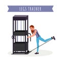 Legs training apparatus flat vector illustration. Female fitness trainer, athlete working out with gym equipment cartoon