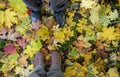 Legs of two people in boots and rubber galoshes standing opposite each other on fallen maple leaves on an autumn day